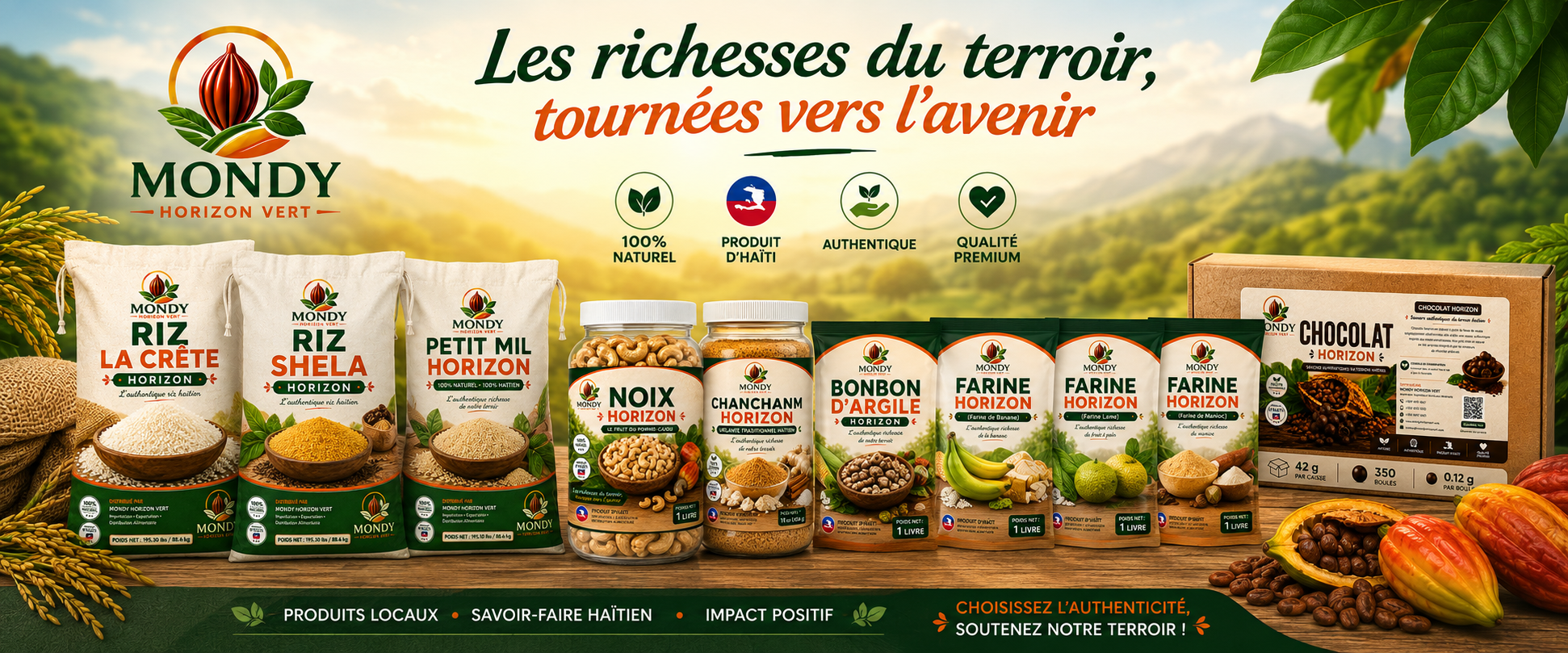 Mondy Horizon Vert — gamme de produits du terroir haïtien : riz, farines, Djon-Djon, chocolat